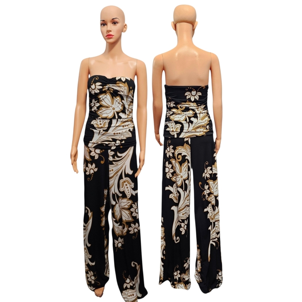 Symphony Strapless Ruched Floral Wide Leg Resortwear Chic Jumpsuit Sz M